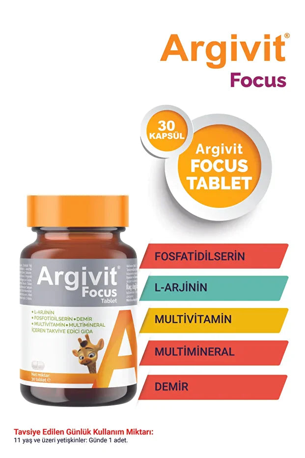 Argivit Focus 30 Tablet L-Arjinin Fosfotidilserin Demir Multivitamin Multimineral