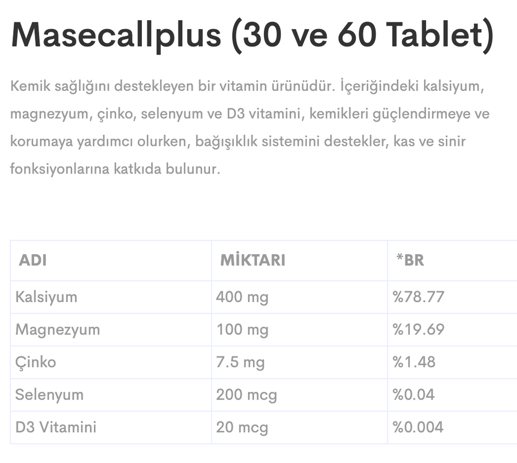 Masecallplus 30 Tablet Kalsiyum Magnezyum Çinko Selenyum Vitamin D3