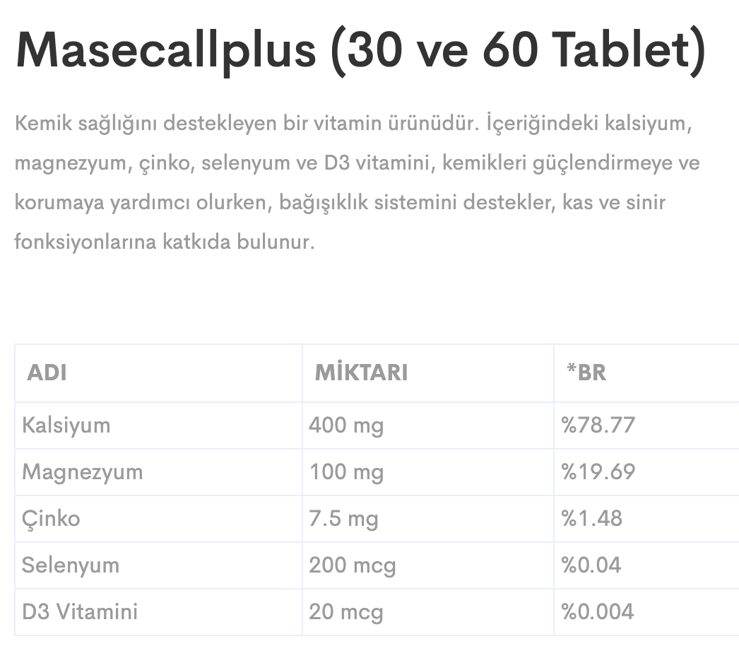Masecallplus 30 Tablet Kalsiyum Magnezyum Çinko Selenyum Vitamin D3