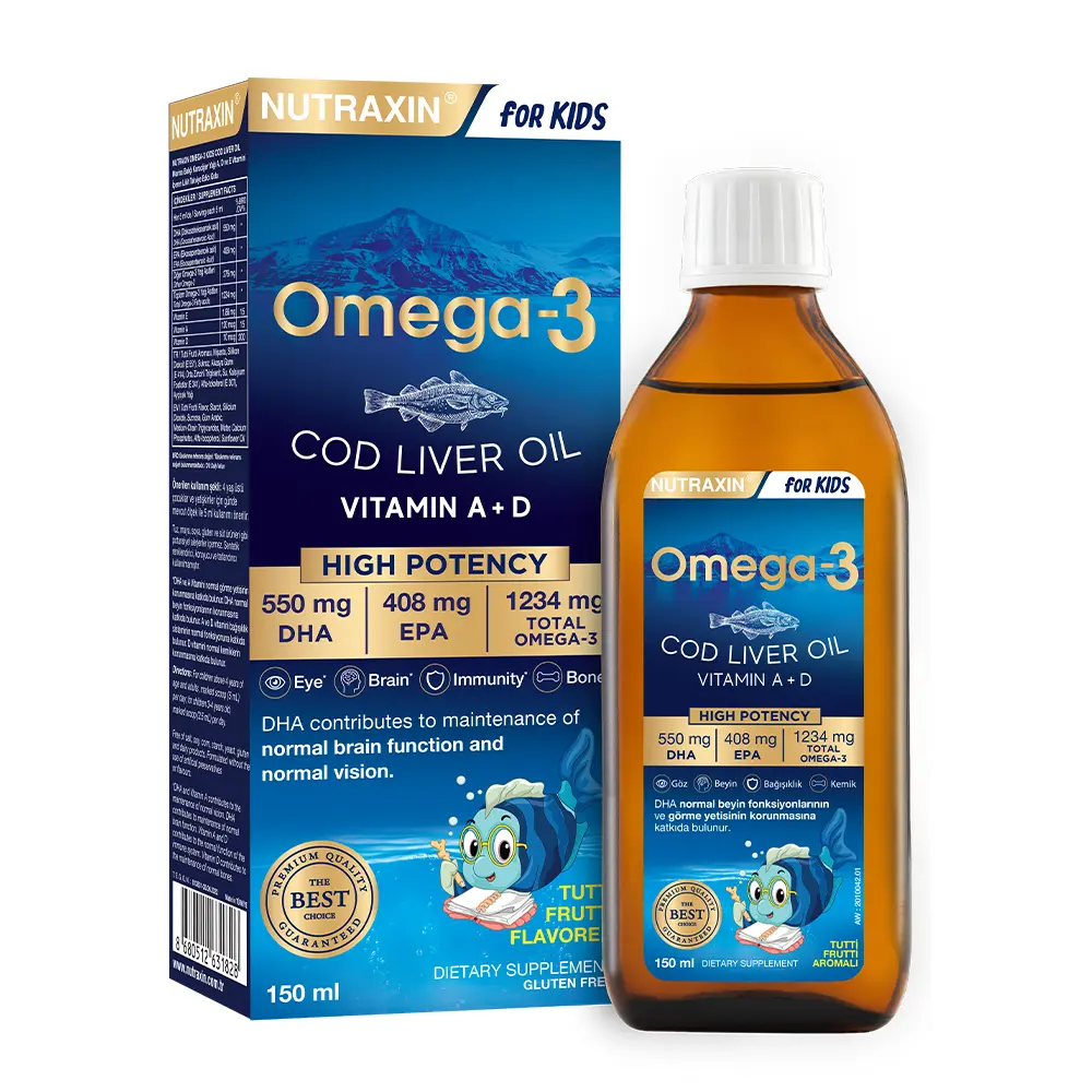 Nutraxin Omega-3 KIDS 150ML COD Liver OIL Morina Baliği Karaciğer Yağli A D E Vitamin