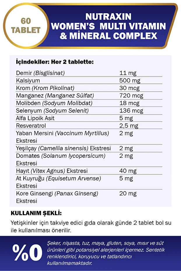Nutraxin Multivitamin Mineral Kompleksi Kadinlara ÖZEL 60 Tablet