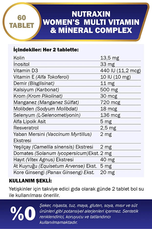 Nutraxin Multivitamin Mineral Kompleksi Kadinlara ÖZEL 60 Tablet