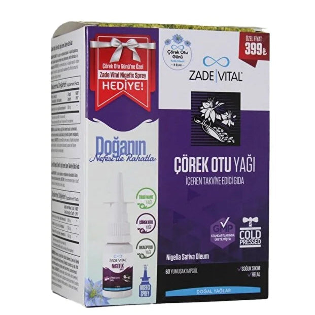 ZADE VITAL ÇÖREK OTU YAĞI 60 KAPSÜL+NIGEFIX SPREY HEDİYE
